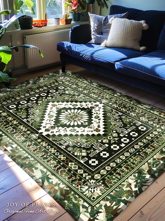 Olive Green Bedroom Rug | Emerald Aesthetic Room Decor Ornate