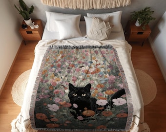 Bright Floral Wildflowers Blanket Cat Art Fall Decor Tapestry Woven Throw Blanket | Black Cat Woven Blanket Boho Halloween Cat Cottagecore |