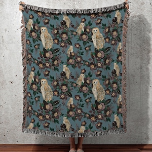 Dark Cottagecore Decor Gothic Woven Blanket | Woven Blanket Goth Woven Blanket Goth Witchy Decor Vintage Tapestry Woven Owls & Black Roses
