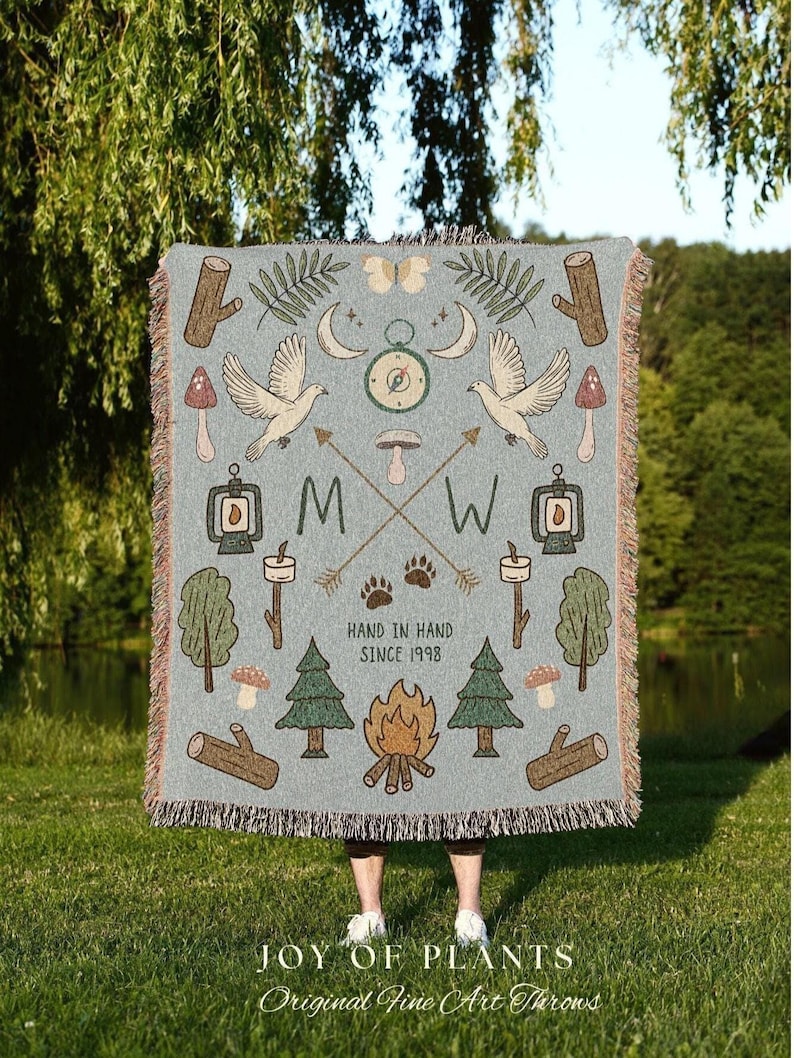 Outdoorsy Couples Blanket Custom Anniversary Gift Cottagecore Wedding Initials Blanket Personalized Couples Gift Blanket Custom Tapestry | image 1
