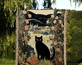 Fall Aesthetic Vintage Cat in the Wildflowers Tapestry Floral Art Halloween Decor Tapestry Black Cat Woven Blanket | Boho Cat Cottagecore |