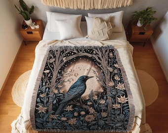 Moonlit Dark Forest Raven Floral Throw Blanket Grunge Fairycore Crowcore Decor Moody Maximalism Crow Moon Cozy Gothic Celestial Cottagecore