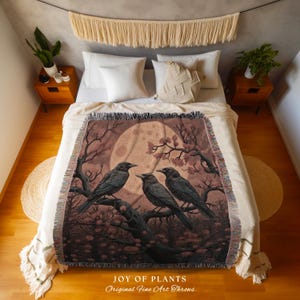 Moonlit Ravens Woven Throw Blanket Dark Woodland Gothic Tapestry | Enchanted Crowcore Whimsigoth Aesthetic Mystical Crow Fall Forestcore Art 画像 2