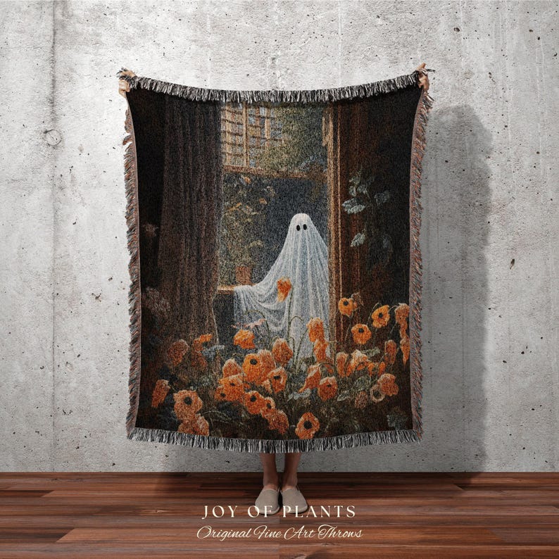 Among The Poppy Flowers Ghost Blanket | Woven Tapestry Blanket Macabre Wall Art Ghost Decor Spooky Tapestry Gift for Halloween Dark Floral | image 7