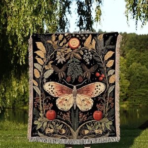 Dark Cottagecore Moth Blanket Woven Tapestry Mystical | Dark Academia Blanket Woven Tapestry Cottagecore Decor | Celestial Butterfly Decor |
