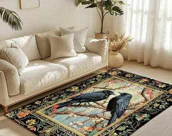 Floral Aesthetic Raven Rug | Crowcore Bedroom Decor William Morris Inspired Cottagecore Room Dark Academia Style Rug Mystical Home Accent