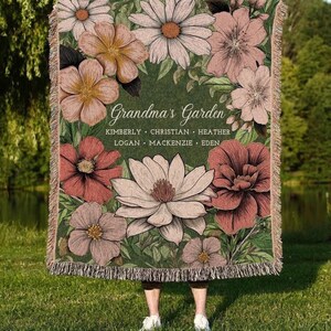Grandma's Garden Birth Flower Blanket | Gift for Grandparents Custom Family Name Blanket Personalized Birth Month Flower Throw Blanket Woven image 3
