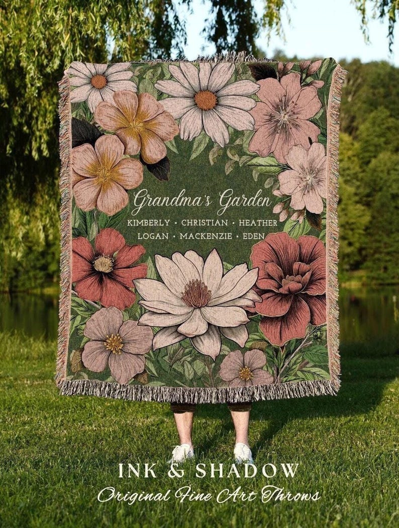 Grandma's Garden Birth Flower Blanket | Gift for Grandparents Custom Family Name Blanket Personalized Birth Month Flower Throw Blanket Woven image 3