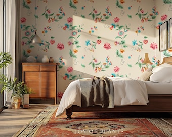 Playful French Eclectic Wallpaper | Maximalist Chinoiserie Peel and Stick Home Decor Grandmillenial Whimsical Dopamine Decor Renter Friendly