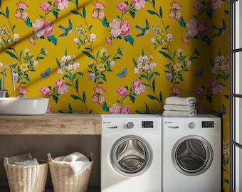 Bold Florals Mustard Yellow Wallpaper | High Contrast Maximalist Vintage Inspired Wall Covering Peel and Stick Decor Contemporary Home