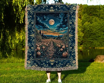 Dark Moody Harvest Moon Throw Blanket | Whimsigoth Dark Academia Vibe Pumpkin Patch Woven Tapestry Spooky Season Rustic Fall Decor Halloween