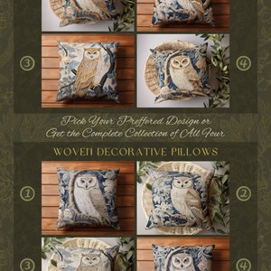 May include: Four throw pillow designs featuring a woven tapestry pattern of an owl perched on a branch. The pillows are available in two styles: faux suede and woven decorative. The image includes the text "Joy of Plants" and "Custom Fine Art Throw Pillows".