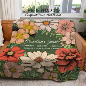Grandma's Garden Birth Flower Blanket | Gift for Grandparents Custom Family Name Blanket Personalized Birth Month Flower Throw Blanket Woven image 1