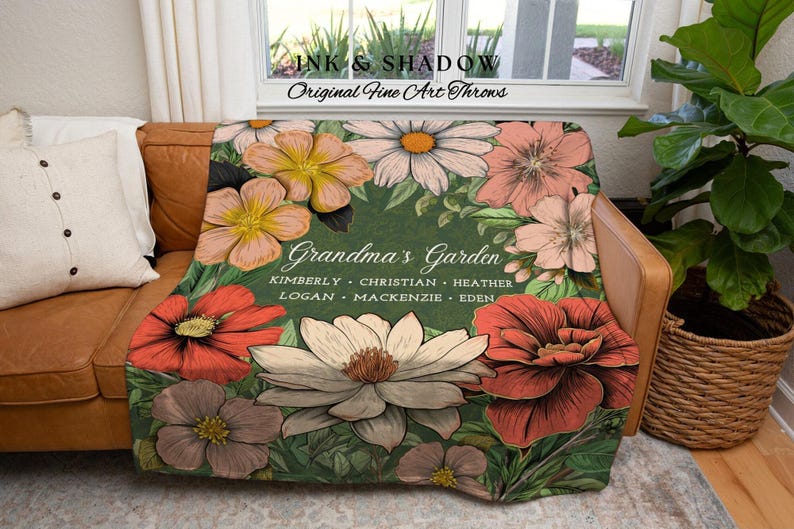 Grandma's Garden Birth Flower Blanket | Gift for Grandparents Custom Family Name Blanket Personalized Birth Month Flower Throw Blanket Woven image 1