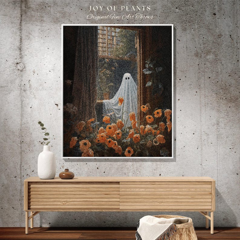 Among The Poppy Flowers Ghost Blanket | Woven Tapestry Blanket Macabre Wall Art Ghost Decor Spooky Tapestry Gift for Halloween Dark Floral | image 2