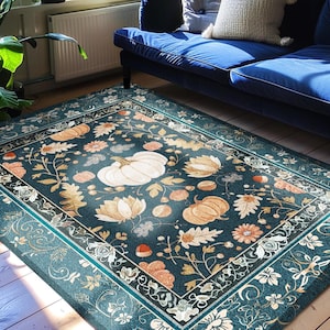 Floral Teal Art Nouveau Pumpkin Rug Rustic Botanical Decor | Whimsical Pumpkin Rug Boho Eclectic Unique Coquette Decor Cozy Fall Fairycore