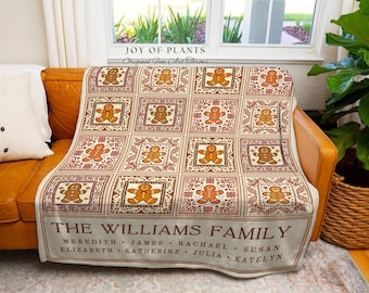 Festive Gingerbread Family Blanket Cozy Patchwork Custom Christmas Throw | Vintage Cottagecore Sentimental Holiday Personalized Names Gift