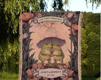 Woodland Tapestry Personalized | Anniversary Gift Custom Name Tapestry Frog Couple Blanket Woven | Cottagecore Wedding Gift For Couple Gift