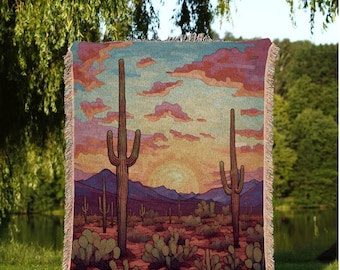 Southwestern Sunrise Tapestry | Whimsical Home Decor Housewarming Gift Blanket Cactus Aesthetic Blanket Woven Tapestry Southwest Landscape |