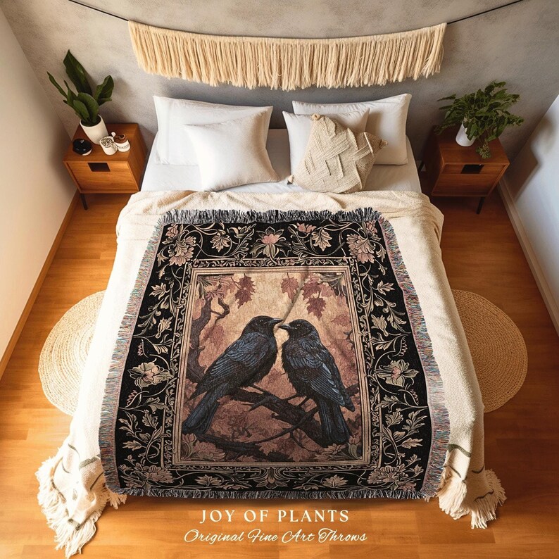 Raven Aesthetic Decor Gothic Tapestry Woven | Crow Wall Art Blanket Woven Wall Hanging | Woodland Aesthetic Halloween Gothic Crow Blanket | image 2