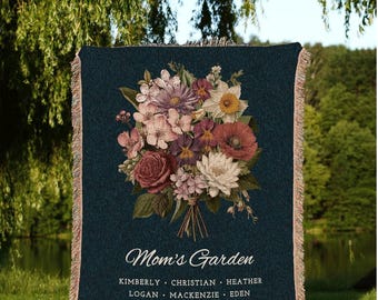 Grandmas Garden Art Custom Woven Throw Blanket | Personalized Birth Flower Blanket | Birth Flower Bouquet Nanas Garden Custom Throw Blanket