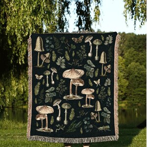 Mushroom Blanket Woven Tapestry Cottagecore Decor | Mushroom Aesthetic Botanical Vintage Tapestry | Mushroom Tapestry Eclectic Bedroom Decor