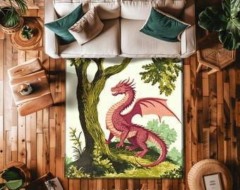 Pastoral Dragon Rug Light Academia Inspired Woodland Cottagecore Goblincore,  Rustic Folklore Home Decor Forestcore Medieval Aesthetic Art