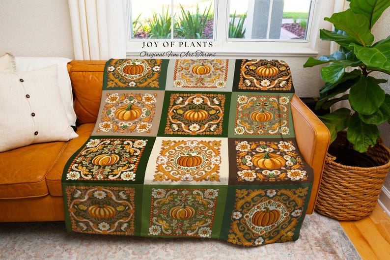 Retro Fall Pumpkin Blanket Woven Cozy | Autumn Colors Home Decor Whimsical Halloween Throw Blanket Book Nook Room Decor Fall Vibes Cute | image 3