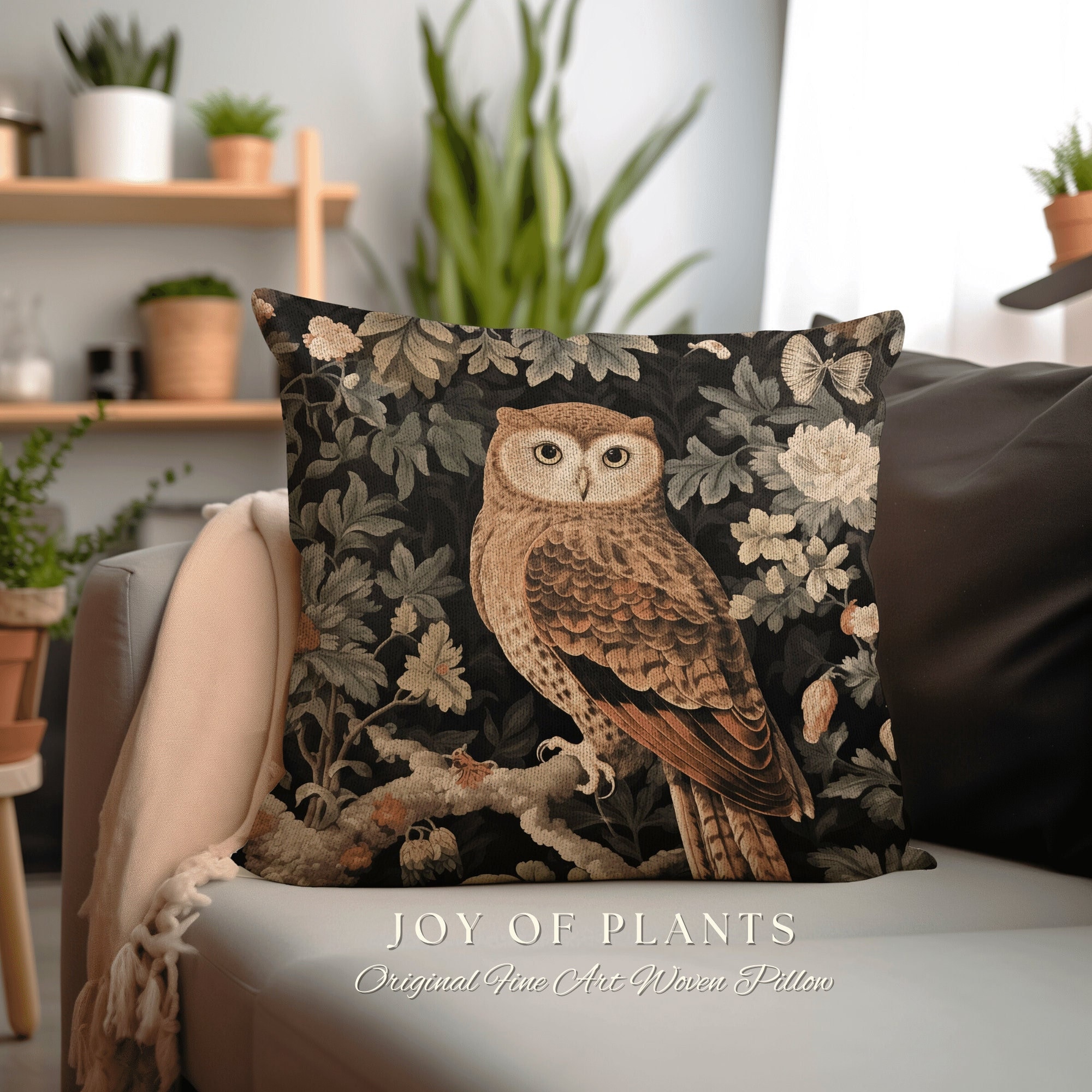 Dark Botanical Owl Throw Pillow | William Morris Throw Pillow Woven Woodland Forestcore Decor Pillow