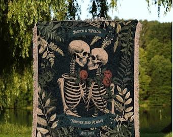 Personalized Gothic Skeleton Wedding Blanket | Woven Tapestry Anniversary Gift