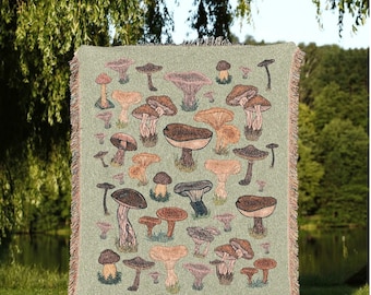 Sage Green Mushroom Blanket | Cottagecore Aesthetic Mushroom Blanket Woven Tapestry | Fairycore Woodland Mushroom Tapestry Woven Blanket |