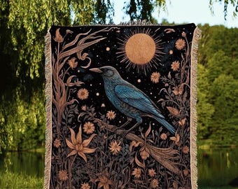 Celestial Crow Blanket Mystical Night Garden Tapestry | Gothic Nature Raven Decor Dark Cottagecore Woven Throw Enchanted Boho Crowcore Art