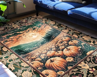 Magic Celestial Moon Accent Rug | Cute Spooky Halloween Night Sky Area Rug Rustic Pumpkin Fall Academia Aesthetic Whimsigoth Baroque Art |