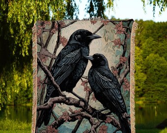 Dark Academia Raven Blanket Goth Aesthetic Crowcore Throw Blanket Woven Wall Hanging | Whimsigoth Room Decor Crowcore Dark Cottagecore Throw