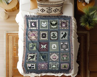 Witchy Magic Woven Cotton Throw Blanket | Rustic Halloween Bedroom Accent Gothic Spooky Decor Cozy Whimsigoth Tapestry Gift for Autumn Style