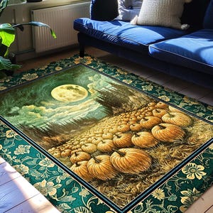 Rustic Full Moon Fall Accent Rug | Whimsigoth Forest Autumn Vibes Cozy Pumpkin Decor Gothic Academia Aesthetic Halloween Bedroom Area Rug |