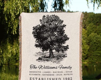 Vintage Family Tree Blanket | Woven Tapestry Personalized Family Gift Meaningful | Thoughtful Gift for Grandma Sentimental Gift for Family |