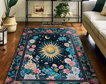 Celestial Sun Rustic Area Rug | Eclectic Bedroom Accent Wildflowers Tapestry Cosmic Astrology Home Accent Psychedelic Tarot Decor Witchy |