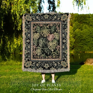 Earthy Colors Cottagecore Monstera Tapestry | Cute Forestcore Woodland Jungle Vibes Dark Academia Woven Throw Blanket Houseplant Lover Gift