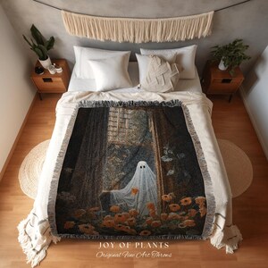 Among The Poppy Flowers Ghost Blanket | Woven Tapestry Blanket Macabre Wall Art Ghost Decor Spooky Tapestry Gift for Halloween Dark Floral | image 3
