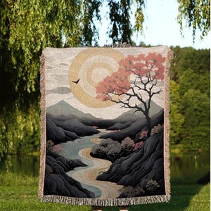 Japanese Landscape Mountain Sun Tapestry Woven Throw Blanket | Tree Tapestry Art Woven Blanket with Nature Japanese Aesthetic Artful Blanket