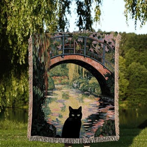 Spooky Cute Cat Blanket Woven Tapestry Claude Monet Bridge Over a Pond of Water Lilies | Art Tapestry Monet Water Lilies Blanket Cat Gift |