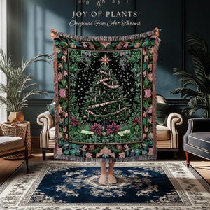 Dark Aesthetic Moody Xmas Tree Throw | Whimsigothic Holiday Festive Woven Wall Tapestry Rustic Farmhouse Couch Blanket for Christmas Boho |