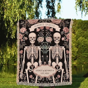 Botanical Skeleton Couple Blanket | Sentimental Anniversary Wedding Tapestry Skeleton Lovers Gift Personalized Husband and Wife Throw Custom
