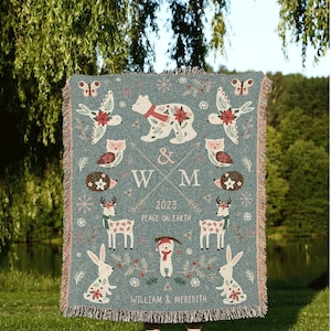 Winter Anniversary Gift Personalized Blanket Woven Tapestry Custom Christmas Wedding Anniversary Blanket Custom Initials Gift for Couples |