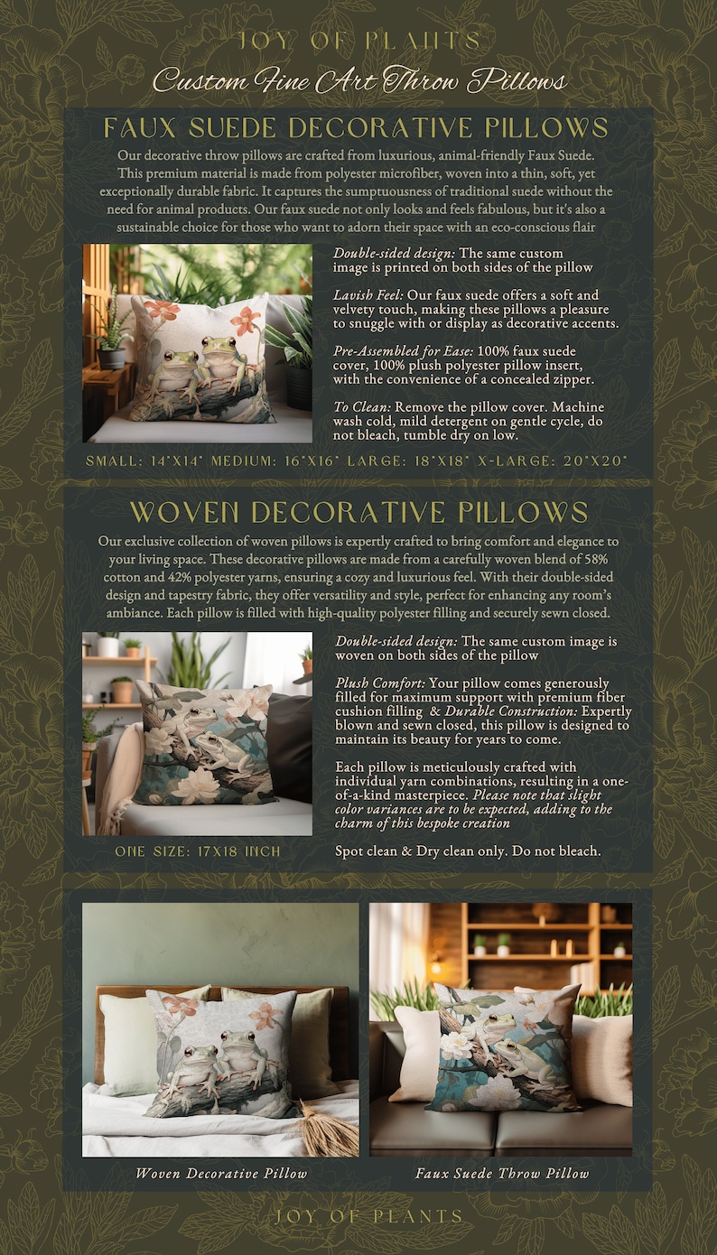 May include: Two decorative throw pillows with a nature-inspired design. The first pillow is made of woven fabric and features a green frog on a floral background. The second pillow is made of faux suede and features a green frog on a floral background. Both pillows are available in various sizes.