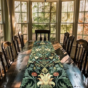 Vintage Green Botanical Art Nouveau Table Runner William Morris Style Victorian Floral Design | Dark Academia Woodland Aesthetic Gothic