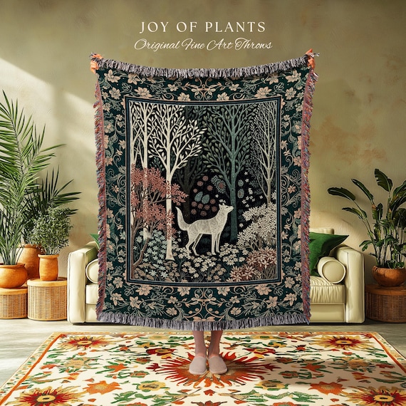 Rustic Nordic Nature Wolf Tapestry Colorful Folklore Woven Throw - Main Image