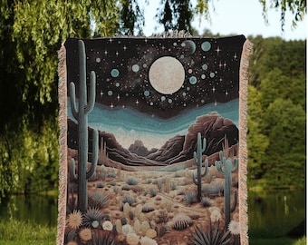 Moody Landscape Desert Blanket | Southwestern Home Decor Housewarming Gift Blanket Cactus Aesthetic Blanket Woven Tapestry Southwestern Art