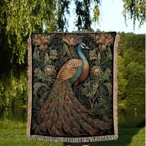 Peacock Blanket Woven Fringe | William Morris inspired Throw Blanket Vintage Cottagecore Woodland Gothic Decor Woven Throw Peacock Tapestry